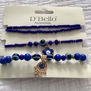NWT 4 stretch bracelets, eye protection, blue beads, gold beads